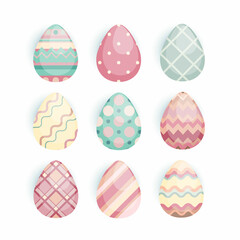 Set of colorful happy easter eggs silhouettes on white background with different ornaments and texture. Egg cartoon icons in pastel coral, green, turquoise, pink colours. Vector illustration