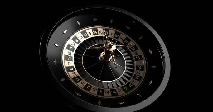 Close Up Animated Futuristic, Modern Black And Golden Rotating Roulette Wheel Isolated On The Black Background. 3D 4K Video.