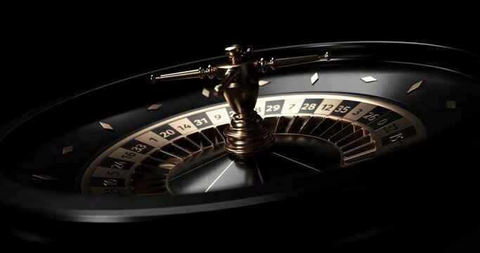 Close Up Animated Futuristic, Modern Black And Golden Rotating Roulette Wheel Isolated On The Black Background. 3D 4K Video.