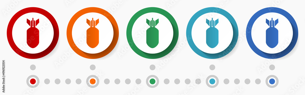 Aufkleber bomb, war concept vector icon set, infographic template, flat design colorful web buttons in 5 color