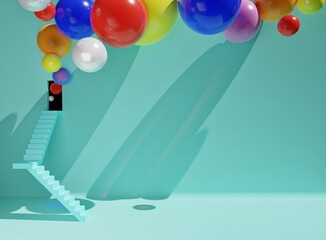 3D illustration of interior backwall, door and staircase with balloons emerging from door	
