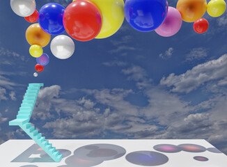 3D illustration of  staircase and  floor, colorful balloons 	on background of blue cloudy spring sky