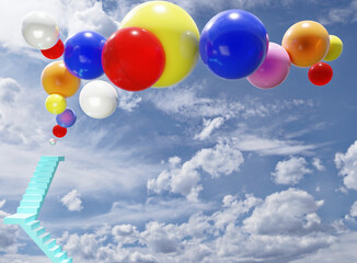 3D illustration of  staircase and  colorful balloons 	on background of blue cloudy spring sky