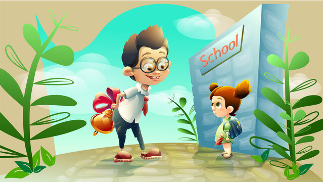 New school year at school a boy with calls and a girl with a backpack and flowers go to school, students near the school - Powered by Adobe