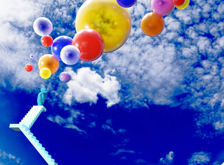 3D illustration of man standing on staircase, watching colorful balloons 	