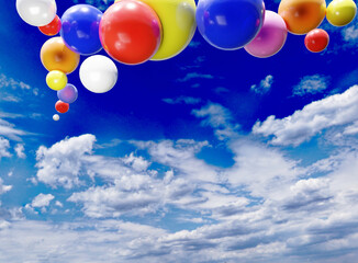 3D illustration of colorful balloons on sky background