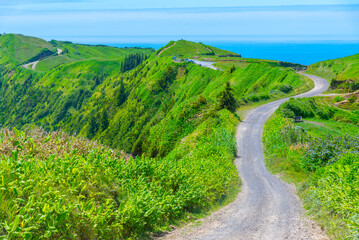 Hiking trail on rim of caldera of Sete Cidades at Sao Miguel island of the Azores, Portugal
