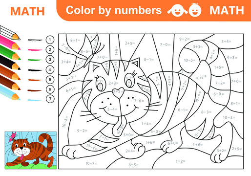 Color by numbers - addition and subtraction worksheet for education. Cat with butterfly. Coloring book. Solve examples and paint cat. Math exercises and developing counting learn