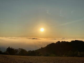 Naklejka na ściany i meble Sonnenaufgang über dem Rheintal im Nebel