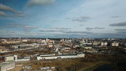Mixed urban development. Industrial and residential area. Water city system. Aerial photography.
