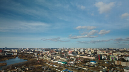 Fototapeta premium Mixed urban development. Industrial and residential area. Water city system. Aerial photography.