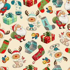 Fototapeta na wymiar New Year`s rabbit pattern, set of christmas symbols santa, felt boots, boot, gift, box, deer, colorful illustration of christmas elements, seamless pattern