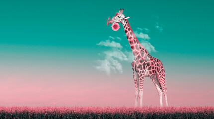 A giraffe with a sunflower flower in its mouth surrounded by clouds, in shades of pastel colors