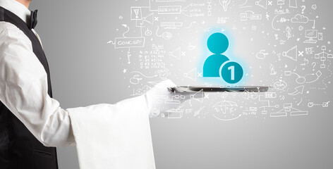 Close-up of waiter serving social media icons