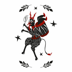 Christmas vector illustration, postcard, poster, banner. The traditional Christmas devil. Folklore of Krampus, the horned devil. Punishes naughty children. Logo. New Year.