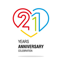 21 years anniversary celebration decoration colorful number bounded by a loving heart modern love line design logo icon white background