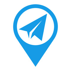 Icono plano silueta de avión de papel en puntero de posición en color azul