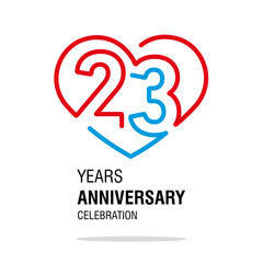 Fototapeta premium 23 years anniversary celebration decoration colorful number bounded by a loving heart modern love line design logo icon white background