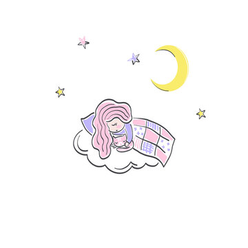 Little girl with kitten sleeping on a cloud bed in starry night sky under half moon vector illustration isolated on white. Sweet dreams cartoon childish felt pen hand drawn print for pyjamas party.