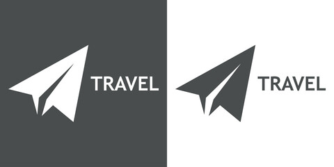 Logotipo con texto Travel y silueta de avión de papel en fondo gris y fondo blanco