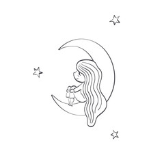 Little girl in sleepwear sitting on the crescent in a starry night sky and dreaming vector illustration isolated on white. Sweet dreams of cartoon baby girl childish fantasy colouring page design.