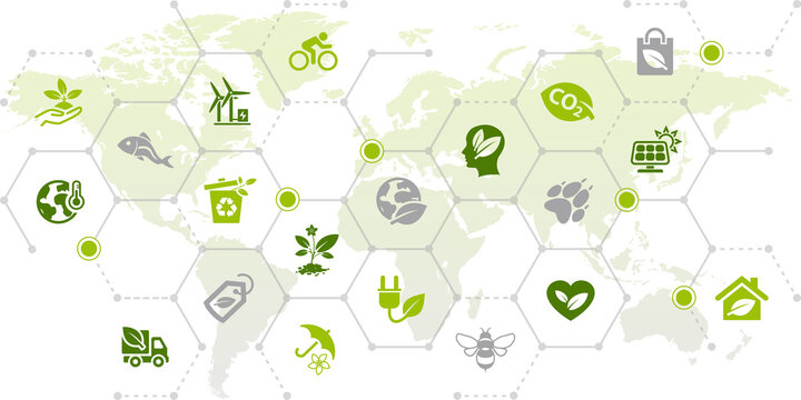 Sustainability vector illustration. Green concept with icons related to worldwide ecofriendly lifestyle & environmental protection measures, global / international sustainable economy & ecology.