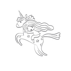 Cute cartoon little girl riding a starry unicorn vector illustration isolated on white. Magical fantasy of baby girl. Sweet dreams childish dreamlike pyjamas party colouring page design.