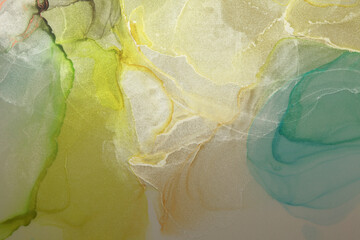 Abstract beige, pearl glitter watercolor and alcohol ink horizontal copy space background. Marble texture.