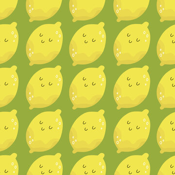 Seamless Pattern with Cartoon Yellow Lemons. Vector Food Background. an be used as wallpaper, poster, print for clothes, fabrics, textiles, notebooks, packaging paper.