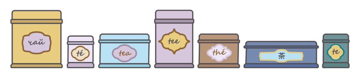 Collection of tea boxes. Hand drawn vector illustration. Flat color design.