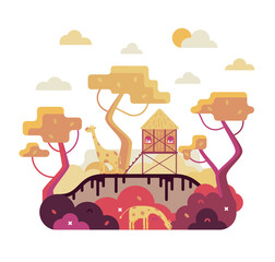 African nature, trees and giraffes, stilt house, vector cartoon illustration