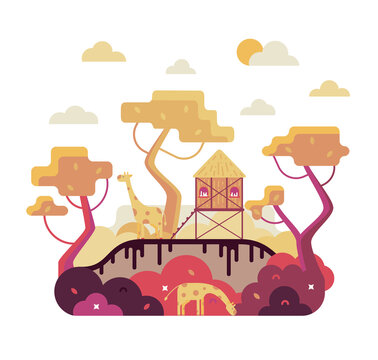 recommend clip art: African nature, trees and giraffes, stilt house, vector cartoon illustration