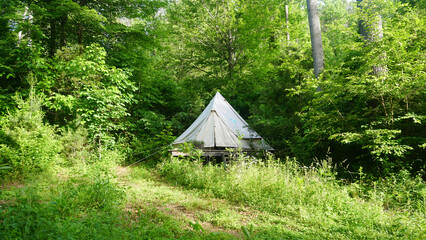 Off grid Tent in the wilderness. Bushcraft camping in the woods. Wall tent in the blue ridge...