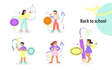 Concept of back to school. Set of colored flat vector illustration with happy children. Template, banner or flyer for design.