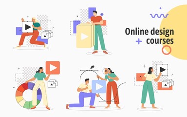 Concept of online courses or education. Set of people working or studying in graphics program for designers, illustrators, motion designers or photographers. Modern flat vector illustration.