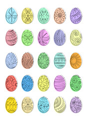 Set of vector images of contour Easter eggs with patterns. Elements for creating Easter banners and cards. Stylized images of eggs on colored spots 
