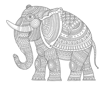 Vector ornate Indian fairy tale elephant. Coloring book page for adults and children Black and white thin line illustration