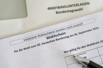 Documents for postal voting for the Bundestag election 2021 in Germany. Voting a political party for the government. The ballot paper for the vote.