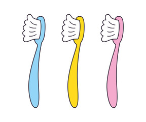 Blue, yellow and pink toothbrushes isolated cartoon vector icons.