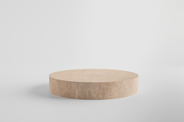 Round woodenpodium on white background. Minimal box and geometric podium. Empty showcase for eco cosmetic product presentation
