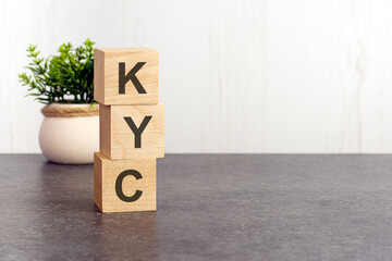 letters of the alphabet of KYC on wooden cubes, green plant, white background