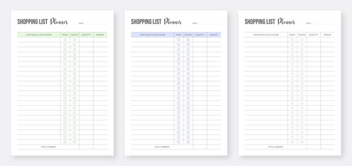 Grocery shopping list planner template. Vector planner pages templates. Minimalist printable planner pages templates. Shopping list planner template set.