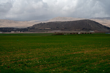 Panoramic view on agricultural valley Zafarraya with fertile soils for growing of vegetables, green...