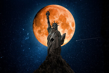 Statue of liberty destroyed with the moon in the background