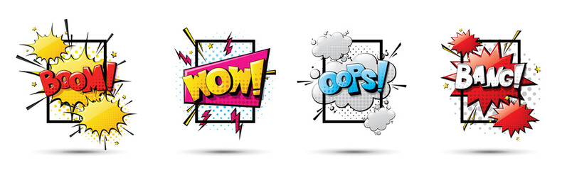 comic pop art frame abstract logo wow, boom, oops, bang . collection comic design in the style of pop art. Color graphics for brochures, leaflets, cards and sales . vector illustration. 