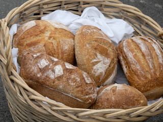 Bread basket, loaves for sale.