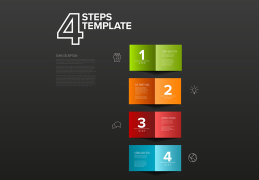 Four Simple Colorful Folded Paper Steps Process Infographic Layout on Dark Background