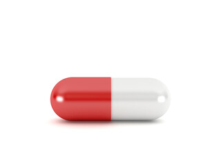 Red pill capsule isolated on white background, 3d rendering - obrazy, fototapety, plakaty