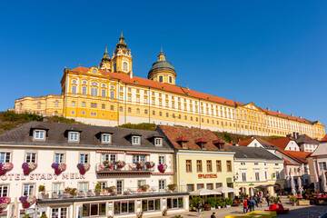Melk abbey over old town in Austria