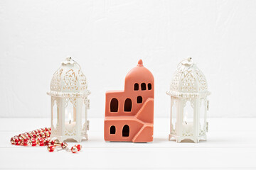 Ramadan Kareem muslim holiday background. Latterns with candles and rosery. Islamic religion, festive celebration idea